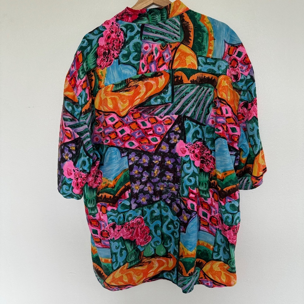 Vintage Silk Club Shirt Mens Large Colorful Floral Landscape Art AOP Button Up - Picture 7 of 11
